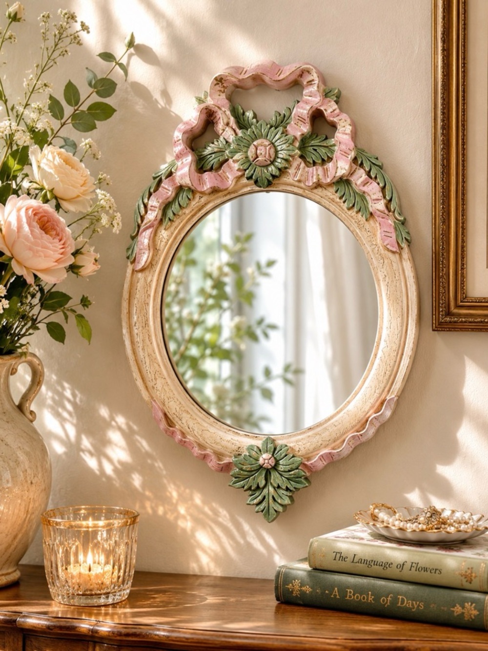 Home Interiors Homco Floral Wall Mirror Pink Green Shabby Chic Cottagecore Decor